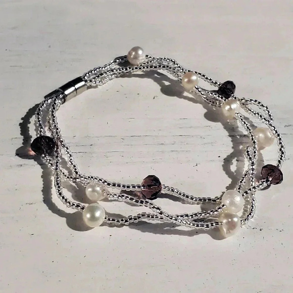 Hand Crafted Freshwater Pearl Austrian Crystal White Purple Twist Bracelet - Picture 7 of 8